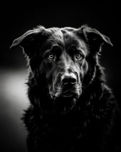 Portrait artistique de chien noir en noir et blanc réalisé par Styl'art photo à Laon