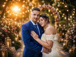 Photographe mariage à Laon, portrait romantique des mariés sous les lumières