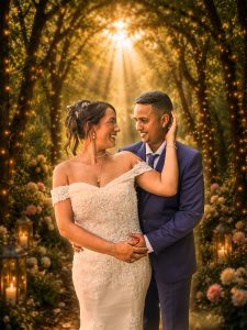 Photographe mariage à Laon, mariés dans une forêt au coucher du soleil